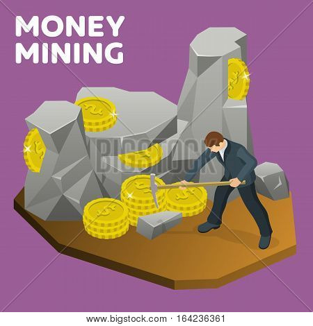 Money mining flat 3d isometric banner. Rock stone cartoon in isometric flat style. A man in a suit with a pickaxe to mine gold coins. Businessman seeking financial success. Vector illustration