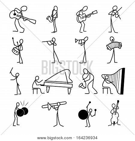 Cartoon icons set of sketch stick musician figures vector people in cute miniature scenes.