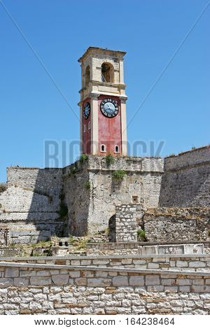 Clock tower on the top of the Old Fortress of Corfu. Greece.
