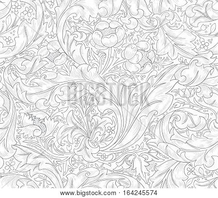 Modern fabric design pattern. Floral seamless pattern for coloring.  Modern seamless pattern for interior decoration. Wrapping paper and graphic design.  Modern seamless pattern for clothes and textile. Seamless vector illustration.