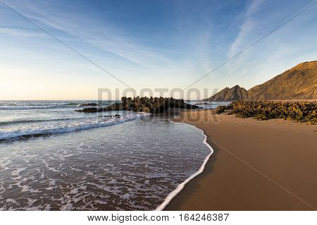 View of the Amoreira Beach in the Costa Vincentina in Alentejo Portugal; Cocept for travel in Portugal