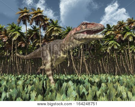 Computer generated 3D illustration with the dinosaur Mapusaurus in the jungle