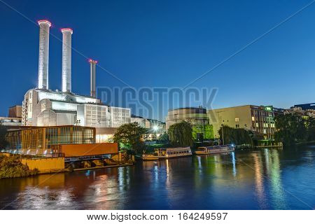Cogeneration plant at the river Spree in Berlin at night
