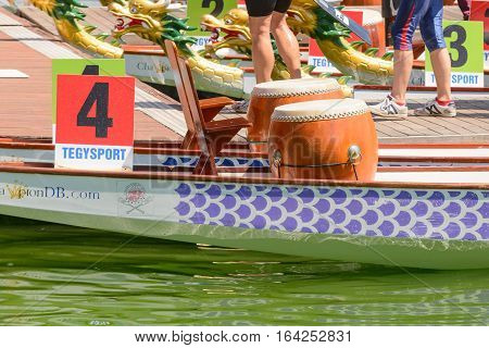 Rome Italy - July 30 2016: Dragon boat crews compete at the european championships held in Italy in 2016 summer details of the boats