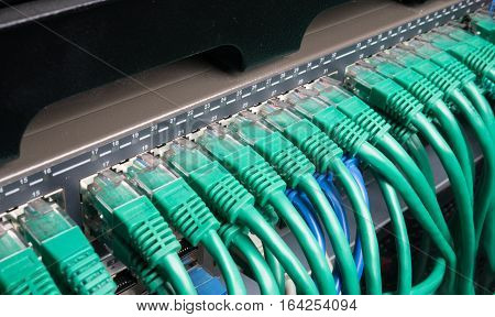 Server rack with green internet patch cord cables connected to black patch panel in server room horizontal