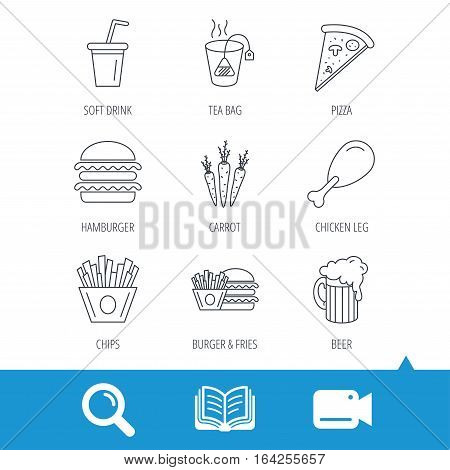 Hamburger, pizza and soft drink icons. Beer, tea bag and chips fries linear signs. Chicken leg, carrot icons. Video cam, book and magnifier search icons. Vector