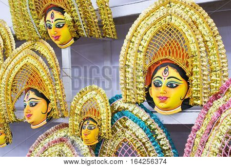 Colorful Chhau mask handicrafts on display during the Handicraft Fair in Kolkata earlier Calcutta West Bengal India. It is the biggest handicrafts fair in Asia.