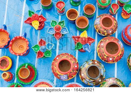 Colorful potteries made of clay handicrafts on display during the Handicraft Fair in Kolkata earlier Calcutta West Bengal India. It is the biggest handicrafts fair in Asia.