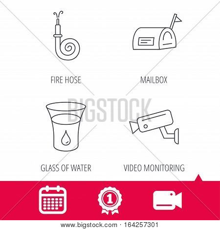 Achievement and video cam signs. Mailbox, video monitoring and fire hose icons. Glass of water linear sign. Calendar icon. Vector