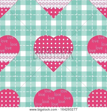Seamless background for cushion pillow bandanna kerchief shawl fabric print. Texture for clothes and bedclothes. Vector pattern with hearts for Valentines day. Embroidery stylization
