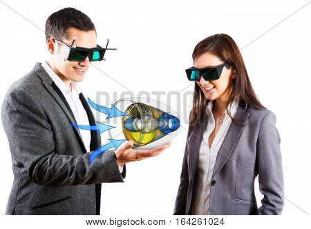 engineers wearing 3d virtual-reality glasses, looking at a 3d model of a jet engine in a virtual reality lab