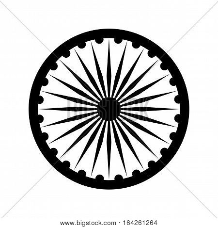 Dharma wheel, detail of Indian national flag. Black design element, isolated on white