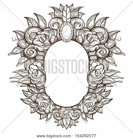 Beautiful oval frame with roses. Baroque decorative border of flowers. Outline floral element for design of congratulations.