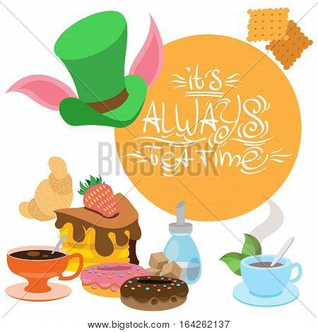 Illustration to the fairy tale Alice's Adventures in Wonderland. Sweets and pastries. Green hat and treats. Template background with space for text.