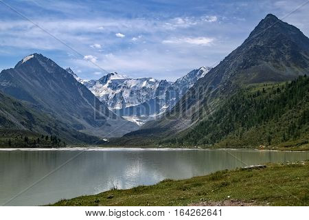 Altai mountains. Highland Akem lake on backgroind of mountain Beluha
