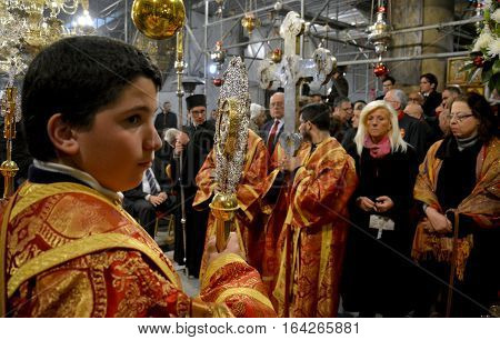 Bethlehem, Palestine. January 7Th 2017: Orthodox Christmas Midnight Mass At The Church Of Nativity I