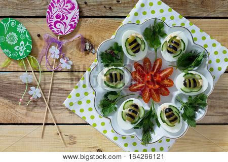 Breakfast Or Lunch For Children - Hard Boiled Egg Bee. Merry Easter Meal For The Children. Top View