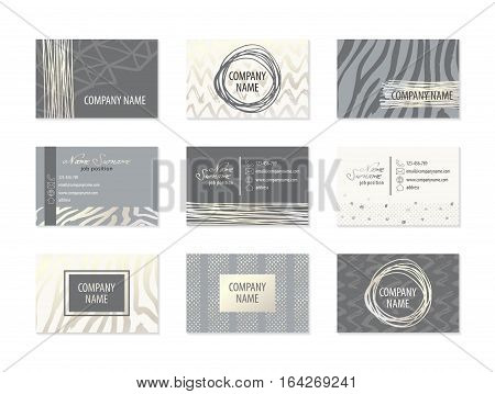 Set of Business Cards with hand drawn design elements made with ink in gray and white colors. Modern abstract style for identity design. Vector illustration.