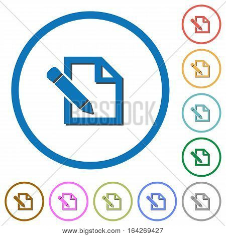 Edit with pencil flat color vector icons with shadows in round outlines on white background