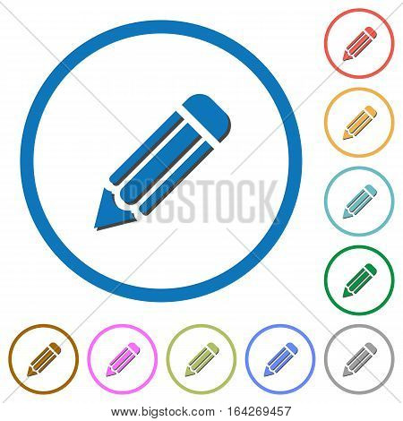 Pencil flat color vector icons with shadows in round outlines on white background