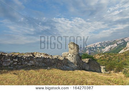 The medieval fortress Funa at the foot of the mountain South Demerdzhi. Crimea.