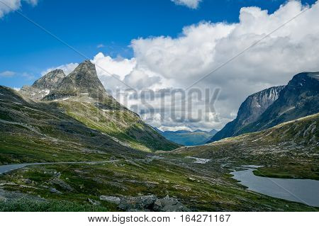 High point of norwegian famous Trollstigen road. Norway mountain peaks and canyon.