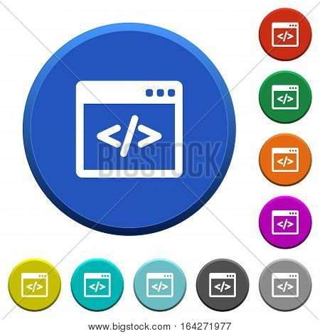 Programming code in software window. Round color beveled buttons with smooth surfaces and flat white icons
