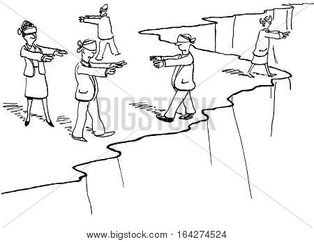 Business illustration of blindfolded businesspeople walking along a cliff edge.
