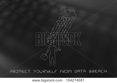 Man With Umbrella Under Binary Code Rain, Data Breach Protection