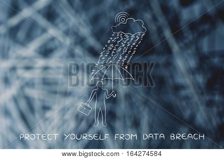 Man With Umbrella Under Binary Code Rain, Data Breach Protection