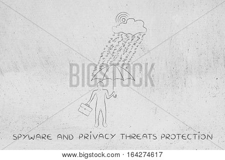 Man With Umbrella Under Binary Code Rain, Data Breach Protection