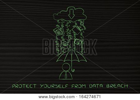 Man With Umbrella Under Binary Code Rain, Data Breach Protection