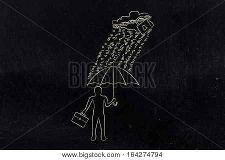 Man With Umbrella Under Binary Code Rain, Data Breach Protection