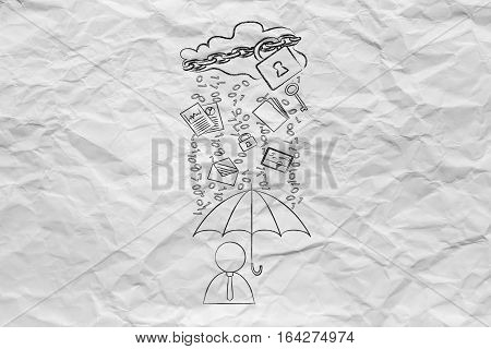 User With Umbrella Under Binary Code Rain, Data Breach Protection