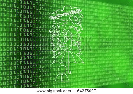 User With Umbrella Under Binary Code Rain, Data Breach Protection