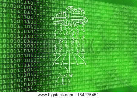 User With Umbrella Under Binary Code Rain, Data Breach Protection