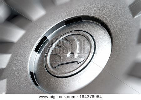 PARIS FRANCE - DEC 18 2016: Detail of modern hubcap hub covers for the winter tyres made by Skoda Auto for Skoda Superb Skoda OCtavia and Skoda Roomster - online internet shopping