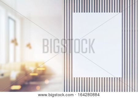 Front view of a poster in a coffee shop interior with beige leather sofas and large windows. 3d rendering. Mock up. Toned image