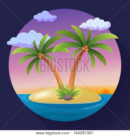 Summer Vacation Holiday Tropical Ocean Island With Palm Tree Flat Vector Illustration.