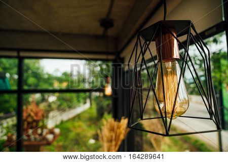 Incandescent lamps in a modern cafe on the background of greenery and showcases. Edison lamp.