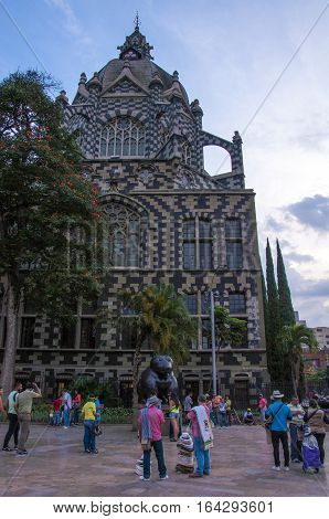 MEDELLIN, COLOMBIA - DECEMBER 13, 2016: Plazoleta de las Esculturas (Square of the Statues) in Medellin. Palace of Culture in the background.