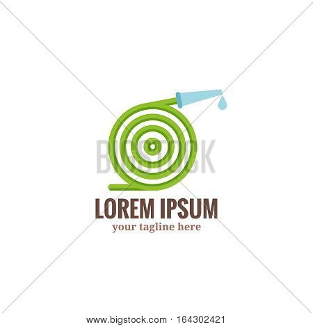 Garden hose curtailed by ring with water drop. Garden tools logo.Flat cartoon style vector illustration