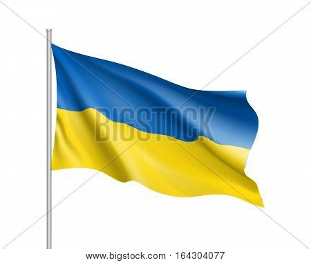 Vector template of Ukraine flag on metallic pole. Waving flag of Ukrainian on flagstaff- country symbol. Isolated illustration on white background. 3d icons with blue and yellow colors.