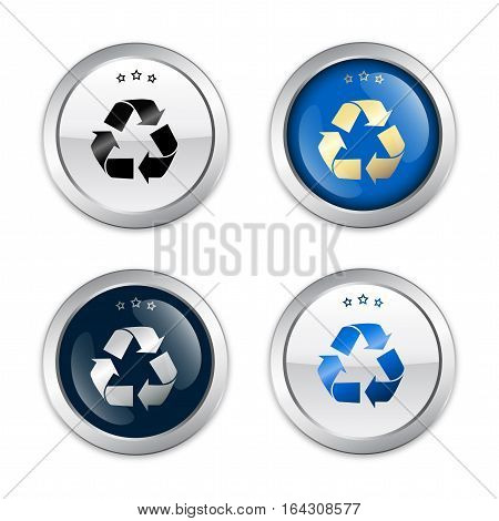 Recycling seals or icons with recycle symbol. Glossy silver seals or buttons with stars.