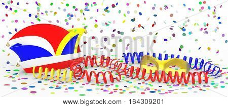 Confetti and party streamer with hat on white background 3D rendering