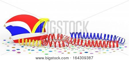 Confetti and party streamer with hat on white background 3D rendering