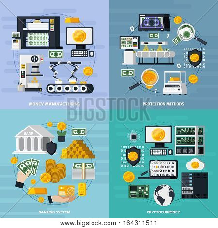 Money manufacturing concept icons set with protection methods symbols flat isolated vector illustration