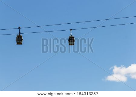 Cableway cabins of Nizhny Novgorod in the clear summer day