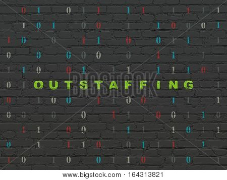Business concept: Painted green text Outstaffing on Black Brick wall background with Binary Code