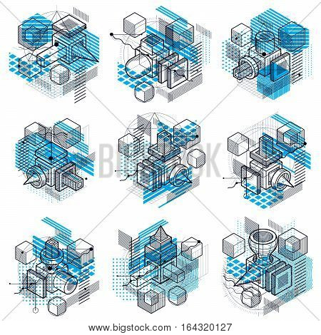 Vector Backgrounds With Abstract Isometric Lines And Figures. Templates Made With Cubes, Hexagons, S